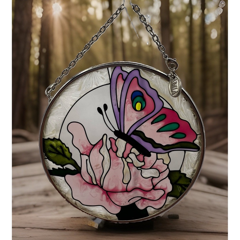 AMIA Butterfly Hand Painted Stained Glass Sun Catcher Round 3.5" MINT